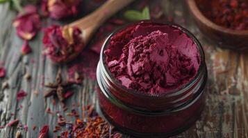 A jar of vibrant red herbal paste made from natural ingredients used for topical application and known for its antiinflammatory and painrelieving properties photo