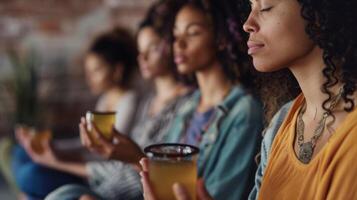 A group of women sit in a circle their eyes closed as they meditate and chant together. Each woman is holding a different herbal tea drank before or after the yoga practic photo
