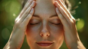 A persons hands gently pressing into their forehead as they close their eyes in a relaxing yoga pose demonstrating the way yoga can relieve tension and stress in the min photo