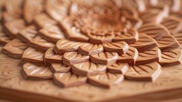 A closeup of the intricate symmetrical patterns engraved on a wooden meditation block symbolizing the balance and harmony that yoga brings to mind body and spirit photo