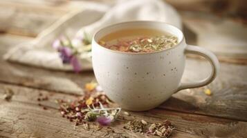 A cup of warm herbal tea steeps in a delicate porcelain mug. Each sip of this Ayurvedic blend brewed with healing herbs and es offers a subtle reminder of the importance o photo