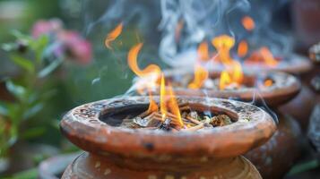 Aromatic oils and incense sticks burning in a clay pot representing the use of natural elements in Ayurvedic rituals for balance and purification photo