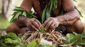 Delicate hands of an indigenous man carefully weave together leaves and grass to create a healing poultice known for its effectiveness in treating s and burns photo