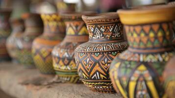 A line of intricately designed clay pots each filled with a unique herbal remedy and used in different ways to treat various ailments in African tribal medicine photo