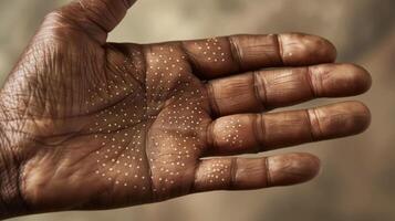 A persons palm with small circular marks from cupping therapy believed to stimulate flow and promote healing in certain pressure points photo