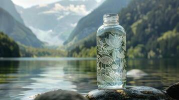 An intricate glass jar with delicate etchings of leaves and vines holds a rejuvenating elixir made from the crystal clear waters of a remote alpine lake photo