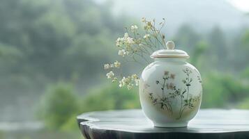 A delicate porcelain jar adorned with delicate floral designs holds a healing elixir made from the purest rainwater collected from a serene forest photo