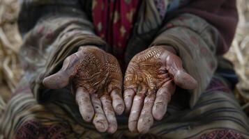 un de cerca de un tradicional medicina mans manos revela intrincado alheña diseños estos diseños son creyó a proteger el curanderos manos desde daño y mejorar su habilidad foto