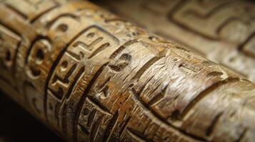 A closeup of a smooth pale brown stick reveals intricate carvings and symbols etched into the surface. This stick is believed to have healing powers when used in conjunctio photo