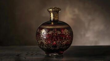 A dark mysterious bottle filled with a deep red liquid adorned with intricate gold designs evoking a sense of mystique and power in traditional mineralbased medicine photo