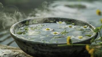 A bowl of steaming water with fragrant herbs floating on the surface. This is used in a cleansing ritual where a persons body and aura are washed in the healing propertie photo