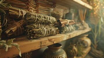 A closeup of a bundle of dried sage leaves tied together with string rests on a shelf next to various other herbs and plant materials. These bundles are often used in purificatio photo
