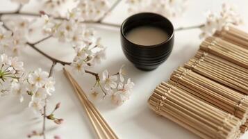 A set of thin flexible strips of bamboo are shown beside a small pot of ink used to draw delicate lines and patterns on the skin for plum blossom therapy photo