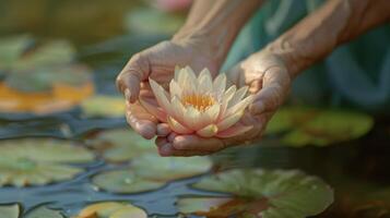A person sitting with their hands p on their lap fingers touching in the shape of a lotus flower as they focus their mind and find inner peace through meditation and acupuncture photo