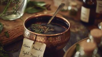 A detailed shot of a copper vessel filled with a dark herbal concoction along with a handwritten label naming its Ayurvedic purpose photo