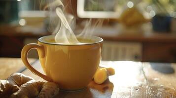 A mug of steaming turmeric and ginger tea believed to aid in digestion and boost immunity in Ayurvedic medicine photo