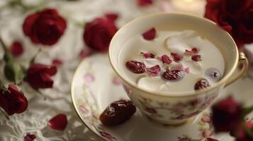 A closeup of a delicate porcelain teacup filled with a fragrant concoction of rose petals red dates and lotus seeds photo