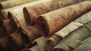 A stack of handwritten scrolls containing ancient Chinese herbal remedies carefully preserved over time photo