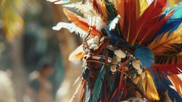 A colorful feather headdress adorned with beads and shells sits atop a shamans head as they dance rhythmically to the beat of the drum photo