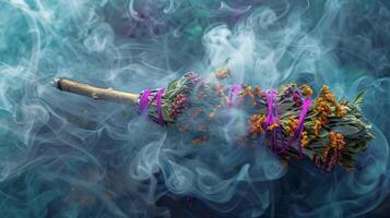 A smudge stick made of dried sage and tied with vibrant thread sends swirls of smoke into the air as it is used in a cleansing ceremony photo