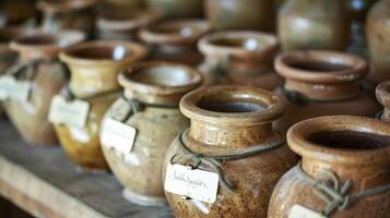 A collection of small clay pots and jars are filled with different herbal remedies each one labeled with handwritten descriptions of their uses and benefits photo