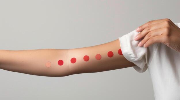 A womans arm is shown with cupping marks round and slightly raised in varying shades of red from a brighter crimson to a softer pink. The marks are arranged in a circula photo