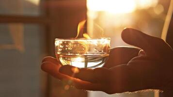 A closeup shot of a mans hand holding a glass cup its rim lit by sunlight streaming in from the window. The cup is filled with a lit cotton ball which is then ignited an photo