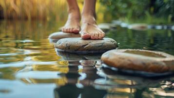 A persons feet suspended over a tranquil lake with the words Grounding Practices for Holistic Healin photo