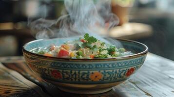 A ceramic bowl filled with steaming colorful soup symbolizing the nourishment and healing properties of ancient soup recipes passed down through generations photo