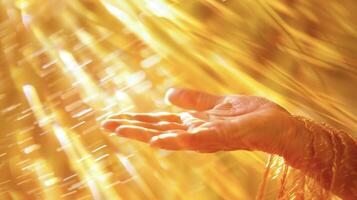 A hand hovering over a persons shoulder radiating golden light as Reiki energy is being channeled into them photo