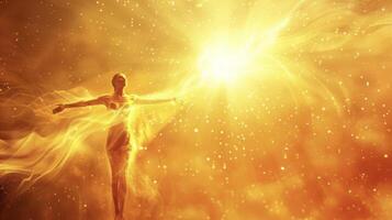 A person standing with their arms open and embraced by a beam of light symbolizing the universal energy flowing through them during a Reiki treatment photo