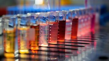 A set of test tubes lined up on a lab bench each containing a different solution. The labels read DNA genome protein sequences artificial enzymes and nutrient medium all necessar photo