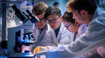 Inside a clean room a group of researchers huddle around a microscope studying a thin slice of tissue dotted with tiny glowing particles. They are testing the efficacy o photo