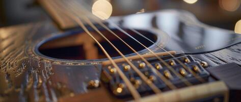 The top of a guitars sound hole with the strings visible and a small piezoelectric pickup attached for amplification photo