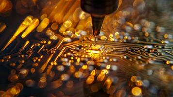 A macro image of a small piece of crystal being carefully p onto a circuit board illustrating the intricate process of integrating piezoelectric materials into electroni photo