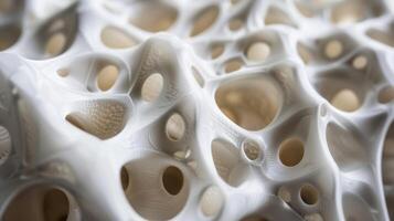 A closeup image of a 3D printed tissue scaffold showcasing the intricate structure and precise placement of cells and biomaterials. represents the development of mor photo