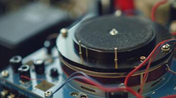 A closeup of a piezoelectric transducer attached to a speaker cone converting incoming acoustic vibrations into electrical signals for amplification photo