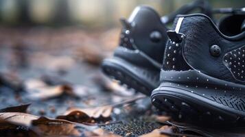 A closeup of a pair of smart shoes reveals tiny sensors and microchips embedded in the soles allowing for precise tracking of steps distance and calories burned. These shoe photo