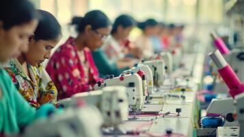 A row of garment workers in a factory using solarpowered sewing machines to create ethicallymade clothing. The use of renewable energy sources in production is just one exampl photo