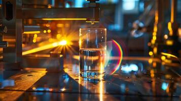 A glass prism bends and refracts sunlight as it passes through a luminescent solar concentrator highlighting its ability to concentrate and amplify light photo