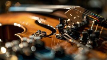 A highangle shot of a musical instrument with its strings taut and ready for playing. However upon closer inspection small piezoelectric elements can be seen attached to th photo