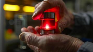 Closeup of a researchers hands holding a small cylindrical device with a glowing red light emanating from its surface. is a Luminescent Solar Concentrator currently bein photo