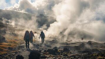 un grupo de caminantes cautelosamente Acercarse un fumarola envuelto en un nube de vapor foto