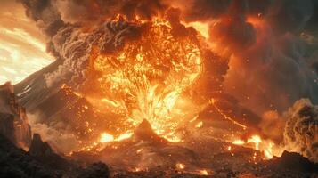 With a deafening roar the volcano unleashes a powerful eruption of ash and fire photo
