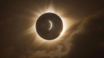 A closeup image of the moons edge perfectly aligned with the sun creating the iconic diamond ring effect during a total solar eclipse photo