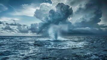 The tranquil surface of the ocean shattered by a fierce water spout churning and swirling with intensity photo