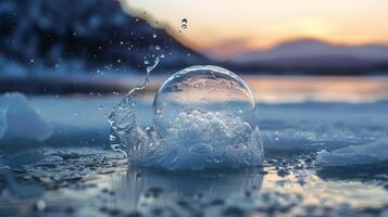 A frozen ane bubble bursting through the frozen surface of a lake photo