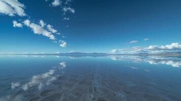 The clear blue sky and its reflection on Salar de Uyuni blend seamlessly creating an otherworldly sight photo