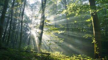 Rays of sunlight shine through the branches of a forest creating a serene and peaceful atmosphere that invites one to stop and soak in the beauty of nature photo