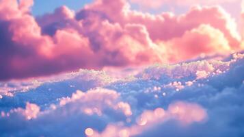 Bright pink clouds in the sky with snow rollers in the foreground creating a contrast of colors photo